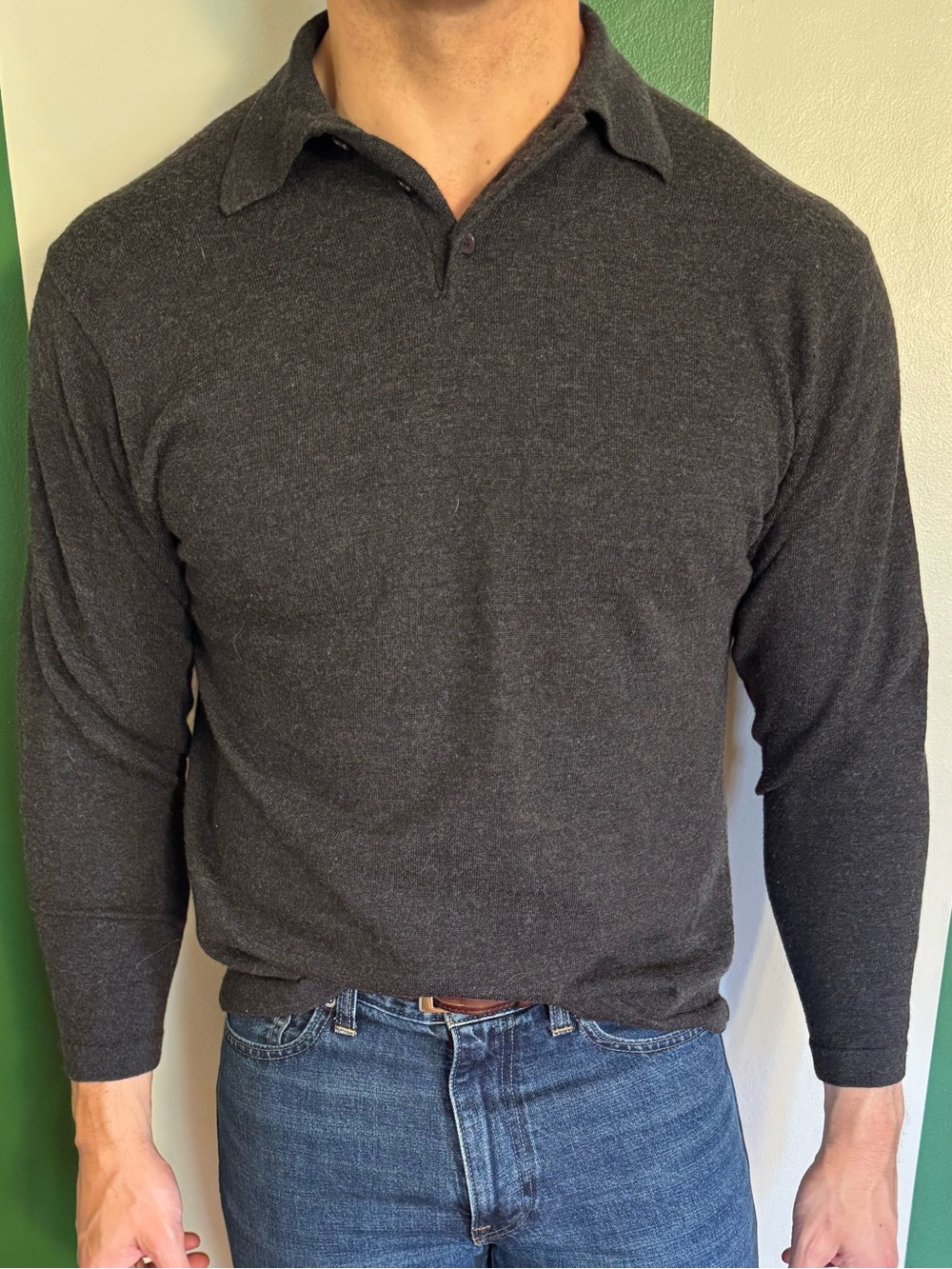Vintage Banana Republic Men's Grey Merino Wool Long-Sleeve Sweater Polo